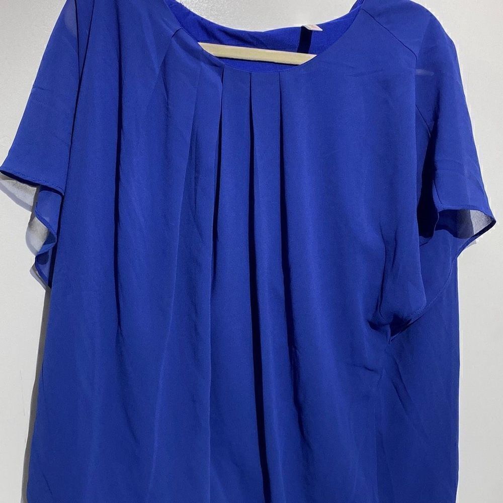Wangzhi Women's Short Sleeve Pleated Front Loose Chiffon Blue Blouse Size 2XL - Picture 3 of 8